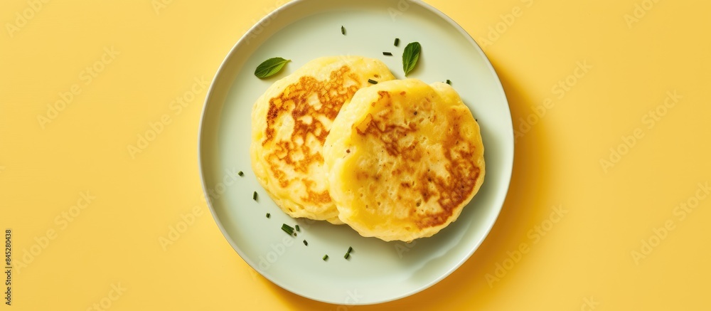 Poster a top view of vegan gluten free tofu cheese pancakes on a yellow plate against a yellow background w