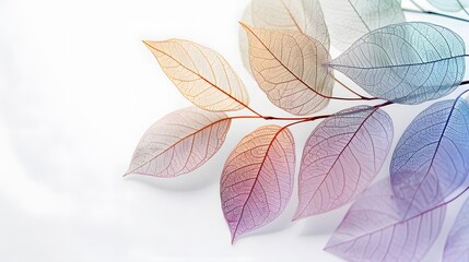 Leaves  of different delicate colors on a branch isolated on a white background. Leaf structure, macro.
