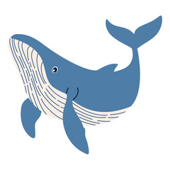 Flat vector illustration in children's style. Cute blue whale on white background . Vector illustration