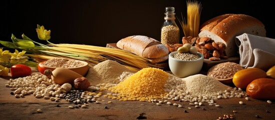 A gluten free diet concept featuring a variety of gluten free grains and carbohydrates specifically for individuals with gluten intolerance Includes copy space for customization