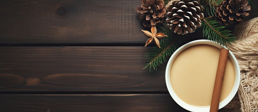 A cozy cup of coffee sits on a brown sweater background adorned with Christmas decorations and a blank notepad for creative thoughts copy space image