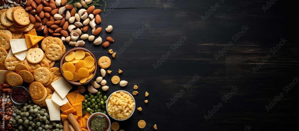 Aufkleber a variety of snacks like salted crackers dried fish chips nuts peanuts and pistachios are arranged o