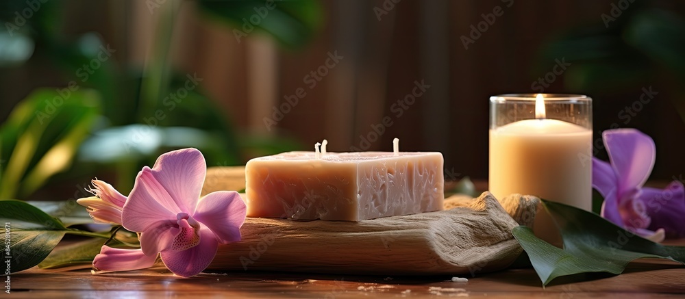 Poster spa relaxation and wellness procedures captured in an aesthetic still life featuring a handmade soap