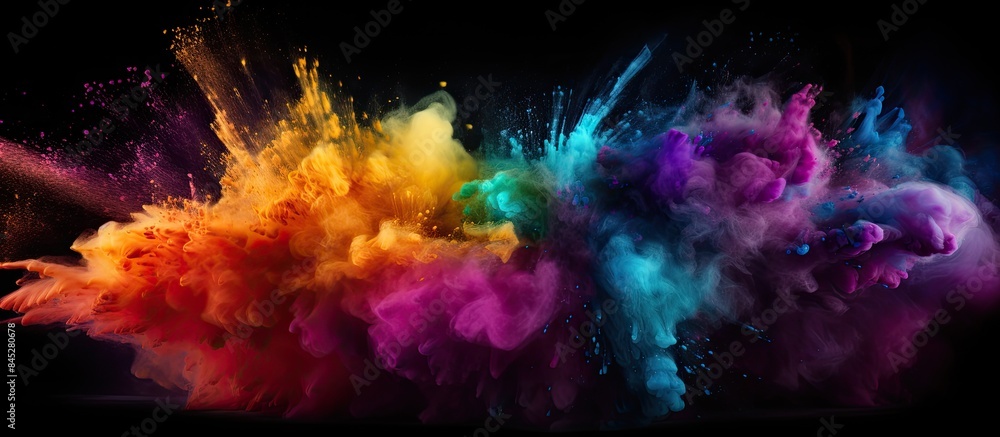 Poster an artistic image capturing the vibrant explosion of colored powder and glitter in the air against a