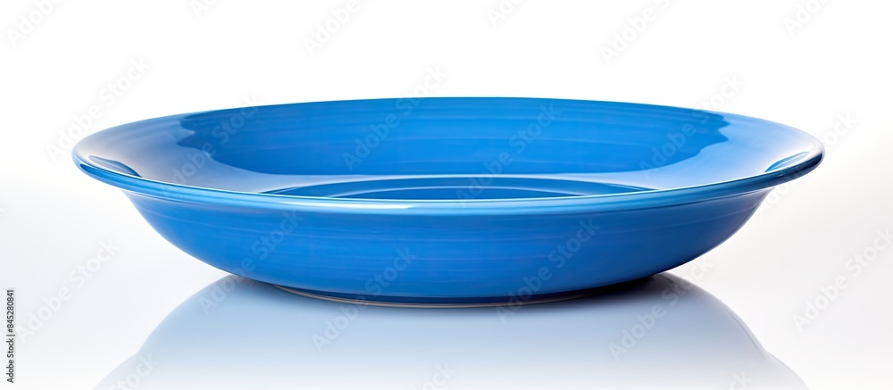 Poster A solitary round blue soup plate devoid of any food stands alone on a white backdrop presenting itself as an inviting canvas for culinary creations Ample space provided for accompanying text or image