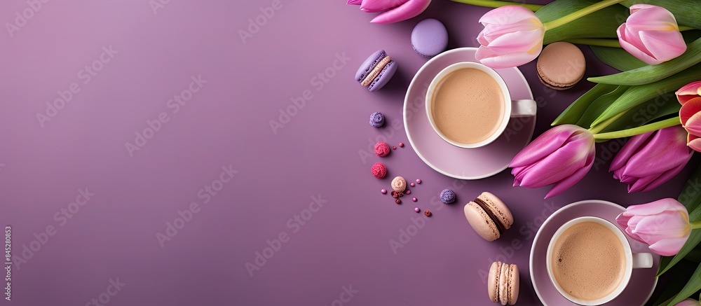Poster Spring themed arrangement of purple tulips coffee and sweets on a violet backdrop Presented from a top down perspective with a flat layout allowing for the inclusion of copy space in the image