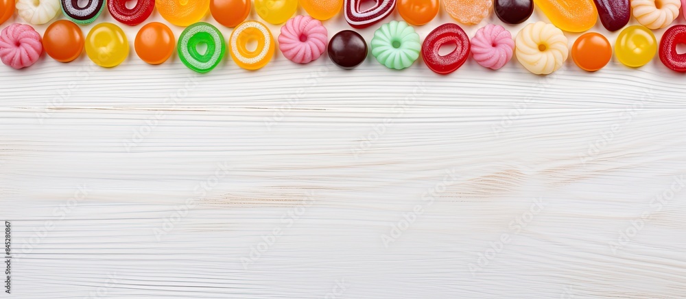 Poster A circular border consisting of colorful caramel candies is displayed against a backdrop of white wood leaving room for additional content in the image