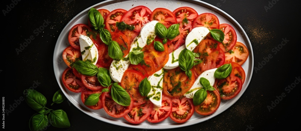 Poster a top view flat lay showcasing a caprese salad made with ripe tomatoes fragrant garden basil and cre