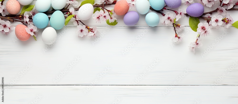 Aufkleber Top view of pastel colored Easter eggs and spring blooming branches on a white wooden background providing ample copy space for additional elements in the image