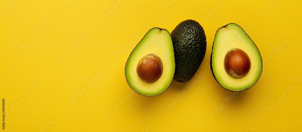 Poster a top down view of two delicious ripe organic avocado halves placed on a bright yellow kitchen table
