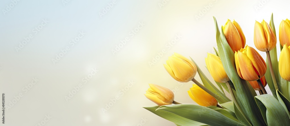 Fototapete the concept of a festive greeting card or banner is conveyed with the image of yellow tulips against