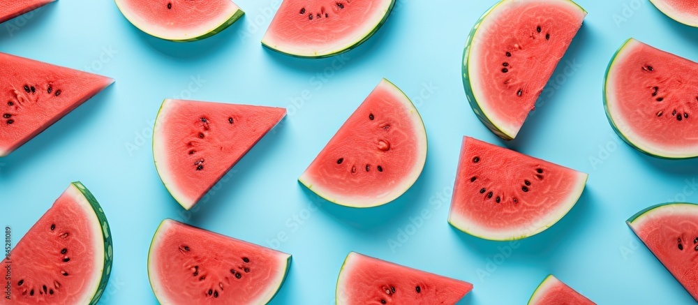 Poster bright light blue background with a red watermelon slice pattern creates a fresh and trendy summer a