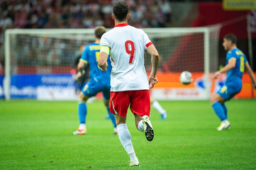 Soccer player with number 9 on his back during the match.