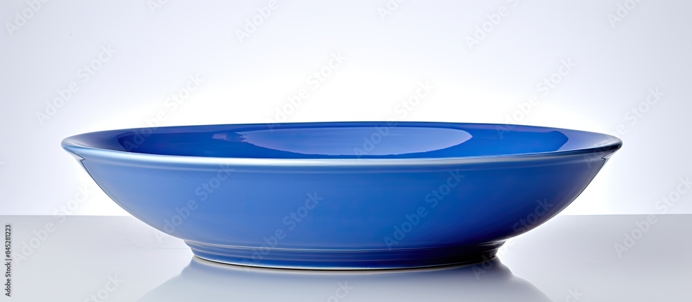 Poster A solitary round blue soup plate devoid of any food stands alone on a white backdrop presenting itself as an inviting canvas for culinary creations Ample space provided for accompanying text or image