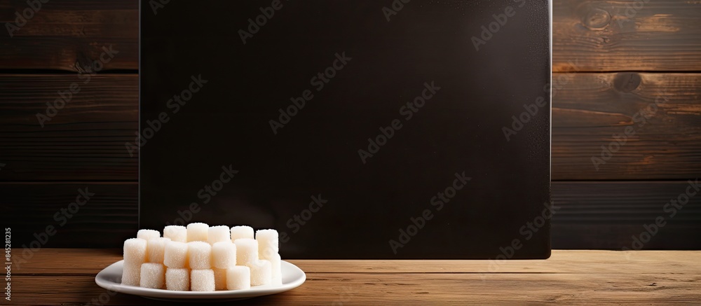 Poster a black square plate holds white and brown sugar nubs creating an enticing display on a bright woode