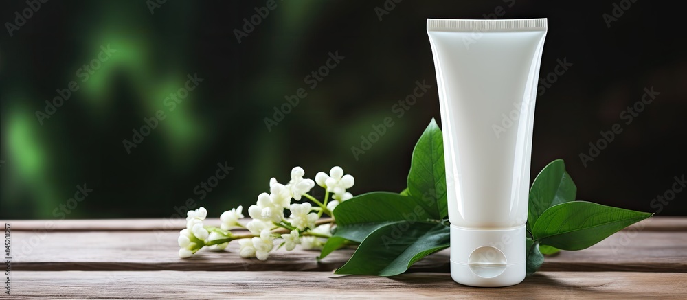 Poster a close up view of a white tube of cosmetic cream displayed on a wooden podium adorned with flowers 