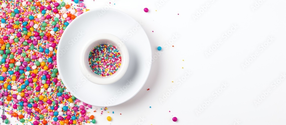 Poster a vibrant holiday background featuring a mix of colorful sprinkles on a white saucer perfect for eas