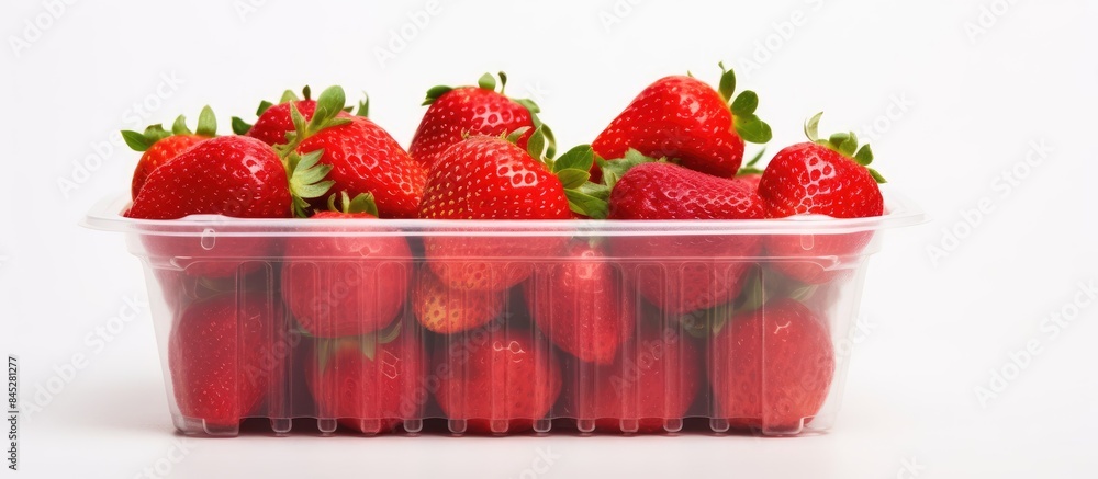 Poster Close up front view of a plastic container with fresh strawberries isolated on a white background The image includes ample space around the strawberries