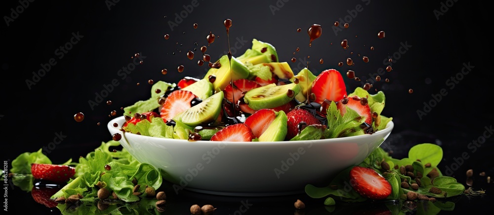 Poster A copy space image of a refreshing summer salad featuring strawberries avocado lettuce onion cucumber and green peas drizzled with balsamic sauce