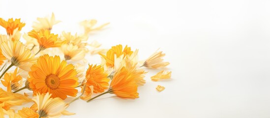 Copy space image of dried calendula flowers on a light background These flowers possess medicinal properties including bactericidal and anti inflammatory effects