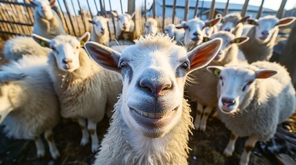 Group of sheep in a pen with one sheep in the foreground smiling towards the camera.