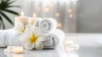 Serene spa setting with candles, white towels, and frangipani flowers on a reflective surface - Powered by Adobe