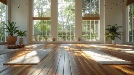 Fototapeta premium A serene yoga studio with mats laid out on a wooden floor, soft natural light filtering in through large windows, and a sense of calm and tranquility permeating the space.