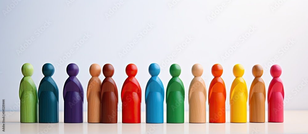 Aufkleber colorful wooden figurines arranged in a row displaying a vibrant rainbow palette stand against a whi