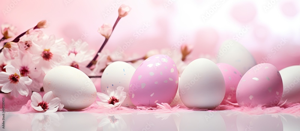 Poster A spring themed background with colorful Easter eggs providing a pink hue and representing the essence of the season Ideal for decorating and creating a vibrant copy space image