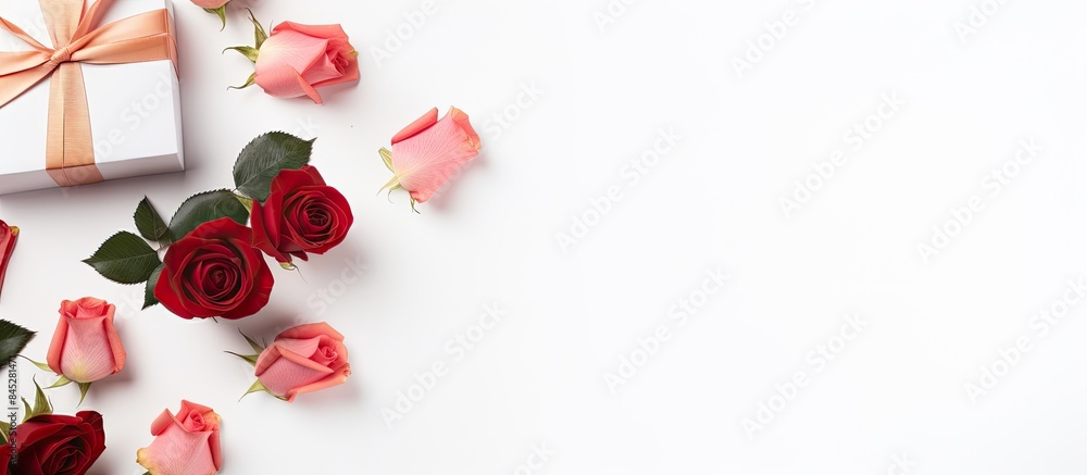 Aufkleber A flat lay composition features a pristine white background adorned with a blank canvas vibrant roses and gift boxes It serves as a mockup for design offering ample copy space