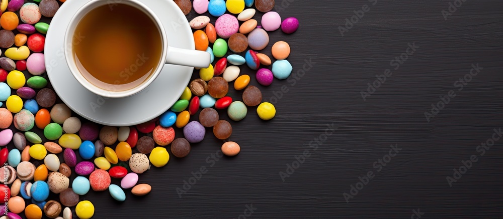Aufkleber A top down view of a coffee cup filled with chocolates and colorful candies placed on a table background that provides ample copy space for adding text or images