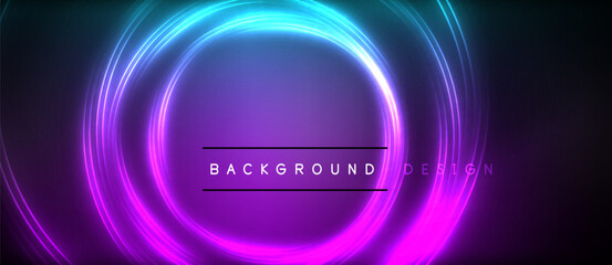 Neon glowing circle rays, light round lines in the dark, planet style neon wave lines. Energetic electric concept design for wallpaper, banner, background