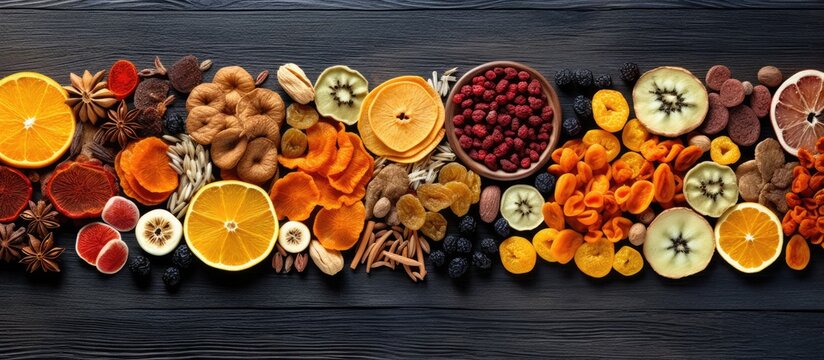 A colorful arrangement of dried fruits and vegetables creates a vibrant flat lay composition The top view showcases the mix of red yellow and orange tones The image is ideal for copy space usage