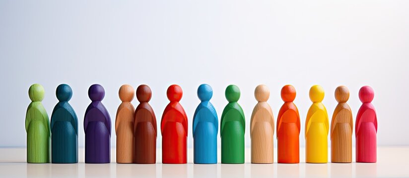 Colorful wooden figurines arranged in a row displaying a vibrant rainbow palette stand against a white background providing ample copy space for additional elements