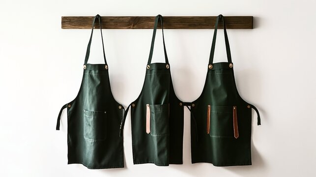 Three dark green aprons with front pockets hanging on a wooden bar against a white wall.