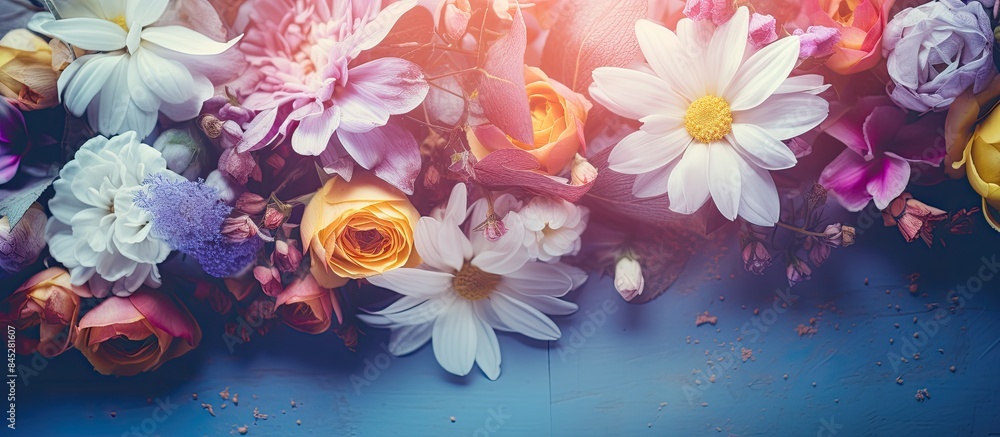 Aufkleber a captivating top view flat lay image of artificial flowers on a bright background with copy space t