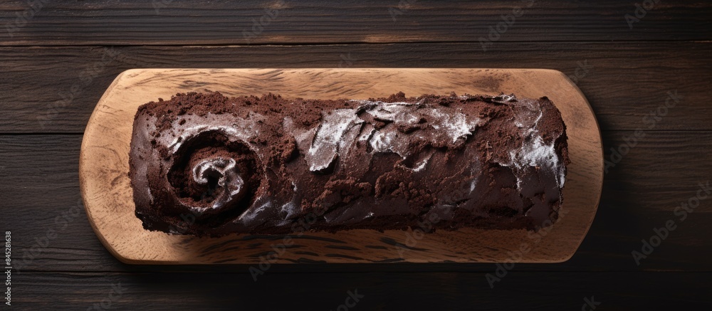 Poster Flat lay of a delicious chocolate cake roll with a creamy filling placed on a wooden table Ample empty space is available for adding text to the image
