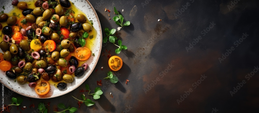 Poster a top down view of an appetizer featuring olives soaked in flavorful cold pressed olive oil the dish