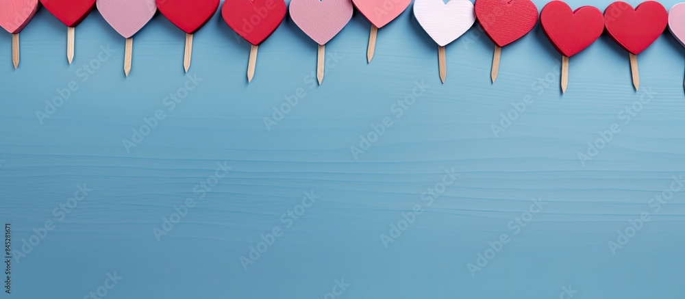 Poster a flat lay top view of a blue background with red and pink heart shaped paper cutouts attached to wo