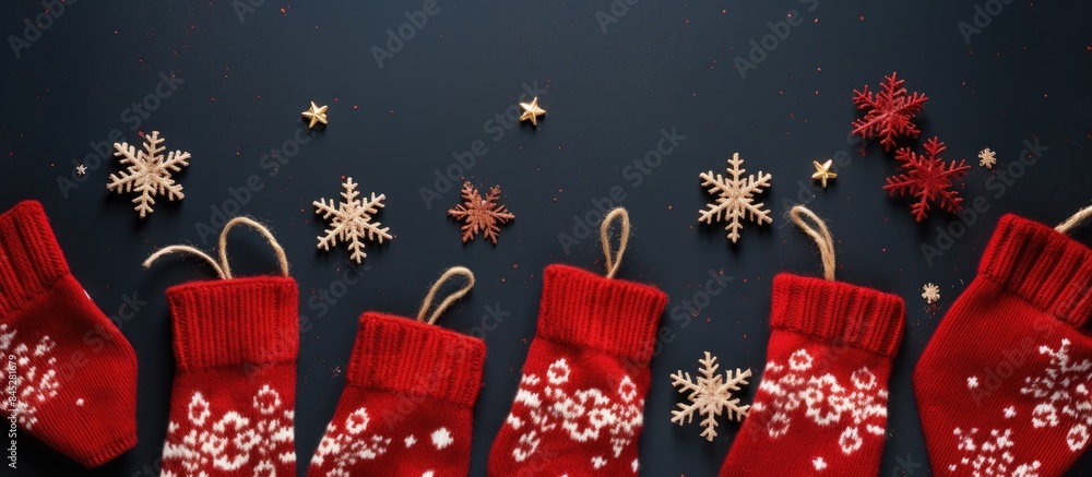 Poster A festive flat lay image with Christmas decorations on a colorful geometric backdrop It features red knitted mittens adorned with snowflake motifs creating a minimal New Year concept The image provid
