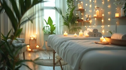 A soothing spa setting with a massage table, soft lighting, and aromatic candles, creating a peaceful and indulgent atmosphere for relaxation and wellness treatments.