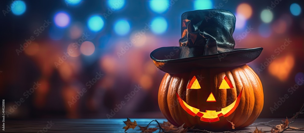 Poster a halloween themed image featuring a pumpkin with a hat stands out against a backdrop of vibrant and