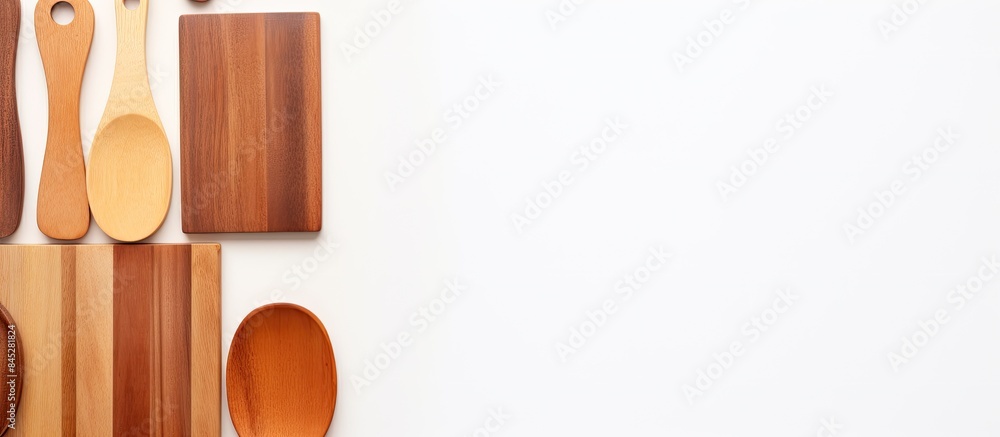 Poster a top down view of cutting boards and wooden spatulas on a white background offering a copy space im