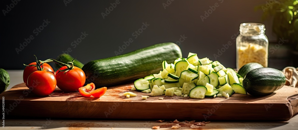 Poster a copy space image of diced and sliced courgette zucchini placed on a wooden cutting board tomatoes 
