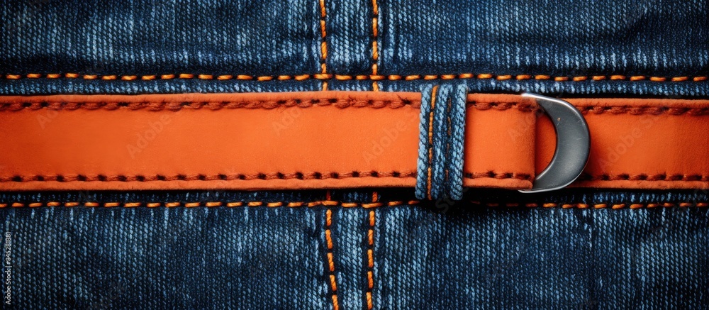 Poster close up isolated shot of a denim frame featuring a vibrant orange double seam the denim jean straps