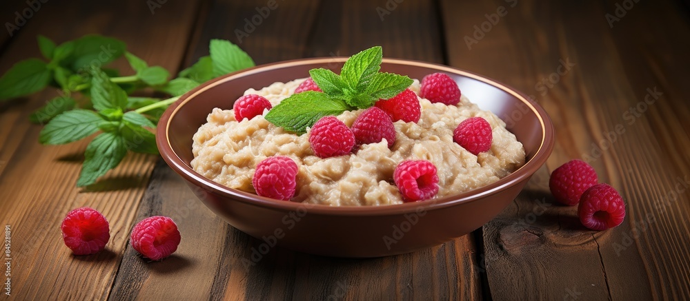 Poster a healthy vegetarian dish of oatmeal topped with fresh raspberries and garnished with mint leaves pr