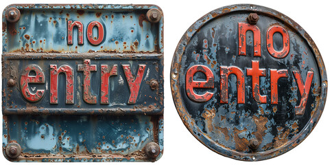 An old rusted iron sign with the text no entry on it