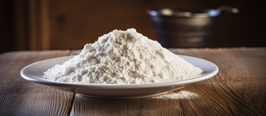 A scoop of protein powder is placed on a plate with a wooden table in the background providing ample space for a copy image Words are being handwritten