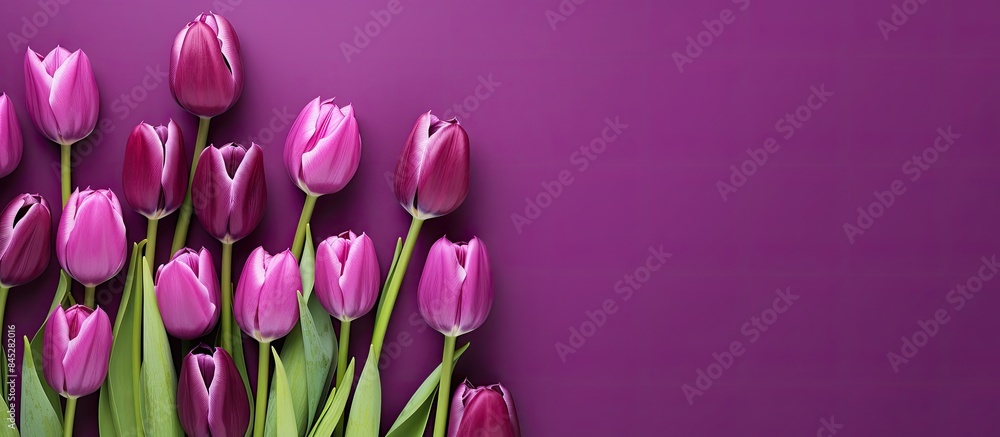 Poster a vibrant spring concept showcasing purple tulips on a violet backdrop captured from a top down pers
