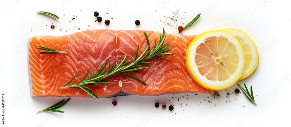 Poster A top down view of a raw piece of salmon accompanied by lemon slices and rosemary sprigs isolated on a white background Ample space available for additional text or images